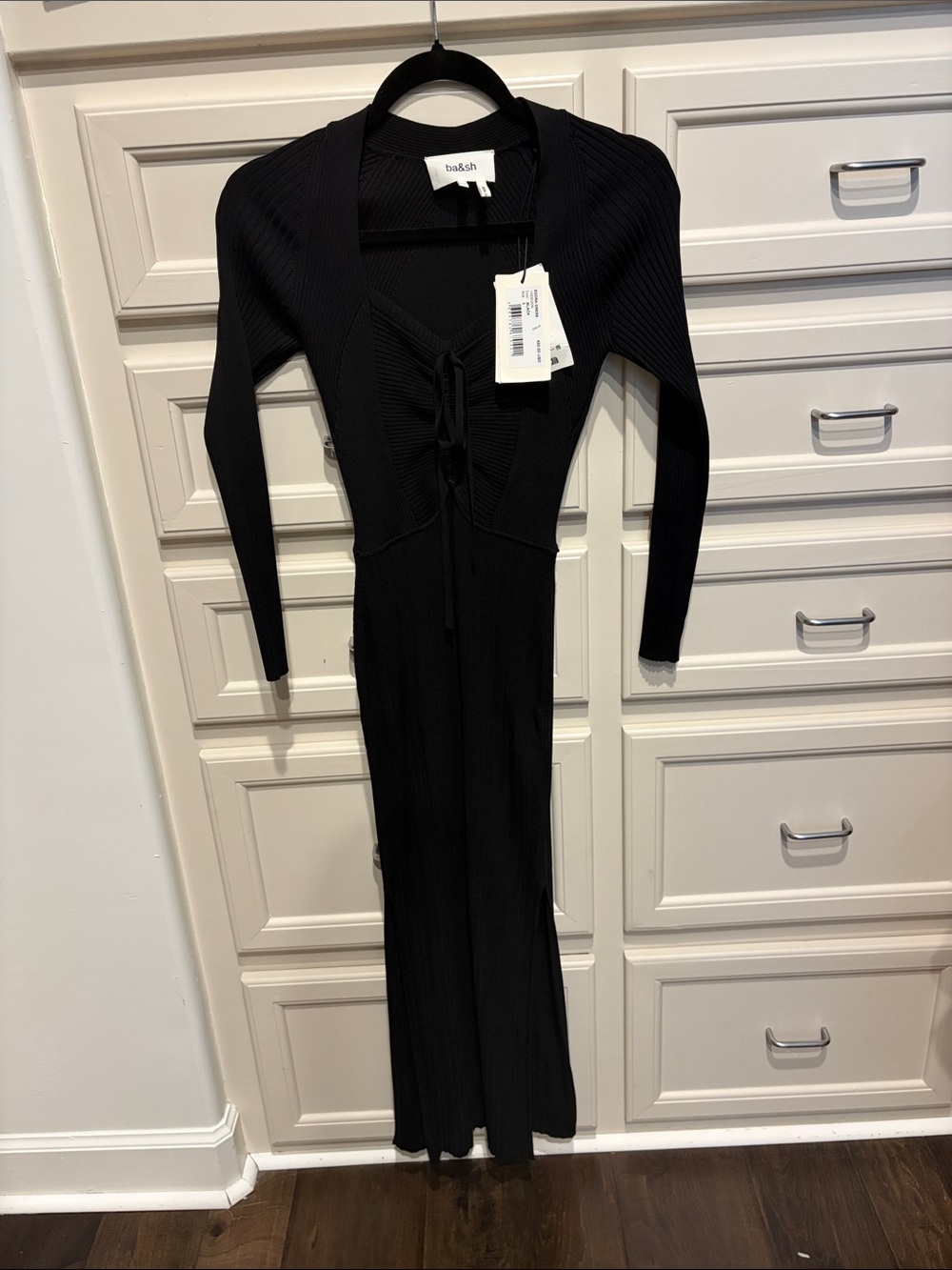 ba&sh Black Ribbed Long-Sleeve Tie-Front Maxi Dress